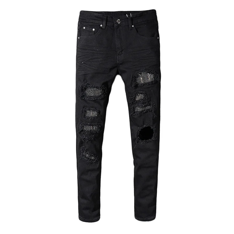 

Men's Slim Skinny Crystal Rhinestone Patchwork Ripped Jeans Fashion Patch Black Stretch Denim Pants