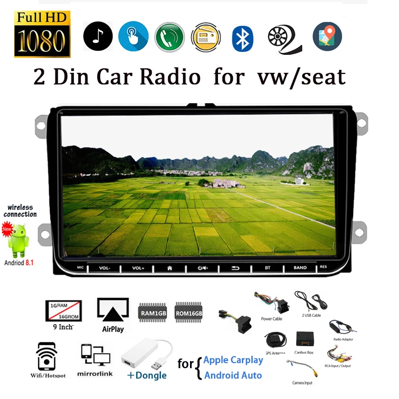 2 Din Android 9 ''автомобильное радио для VW/Seat + Carplay Skoda Passat B6 Polo Golf Tape Recorder Wifi GPS Airplay