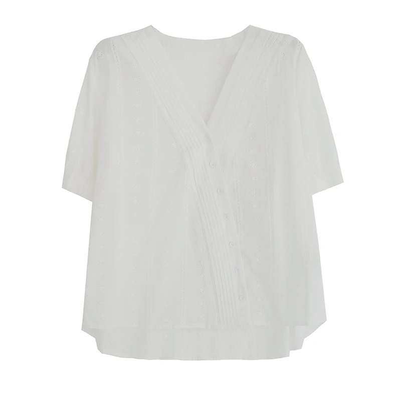 

Lamtrip Crochet Hollow Out Lace Embroidery V-Neck Oblique Placket Short Sleeve Shirt Chic Blouse Female 2021