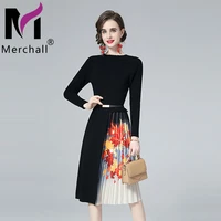 fashion design knitting pleated dress females patchwork o neck long sleeve flower print belted dress autumn winter robe m68286
