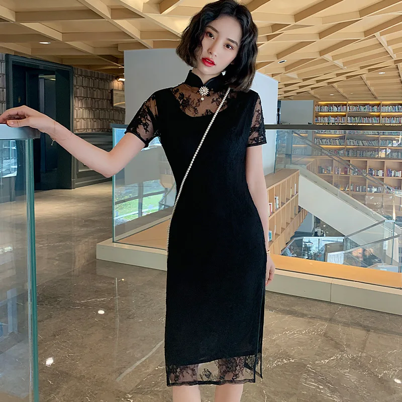 Ципао Новинка весна лето 2020 повседневное кружевное приталенное ретро платье