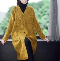 2021 winter womens clothing woolen thickened coat warm retro loose v neck long cashmere coat plus size 4xl tweed coats yellow