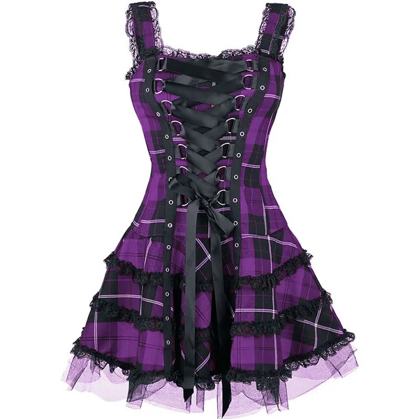 

Fairy Grunge Gothic Plaid Dress Women Vintage Y2k Aesthetic Bandage Lace Trim A-line Desses Halloween Cosplay Partywear