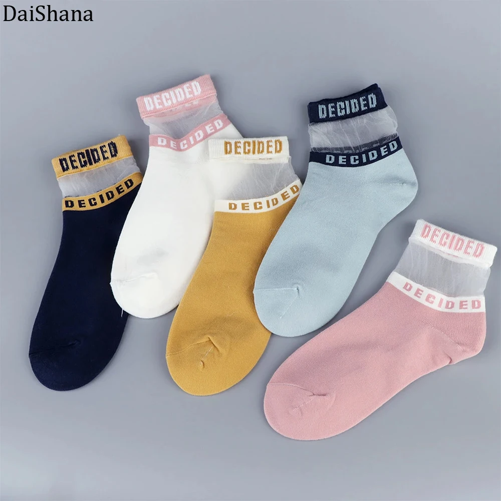 

Trendy Women Letter Decided Printed Glass Silk Socks Bright Color Lace Cotton Casual Five Colors Breathable Socks Mujer Calzini
