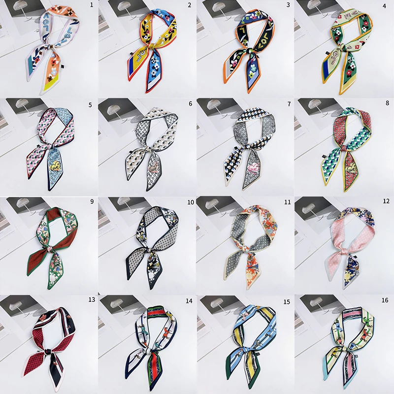 

Narrow Long Small Scarf DIY Print Satin Bag Wrist Ribbon Hair Bands Women Elegant Flower Pattern Neck Scarves Satin Silk Scarf