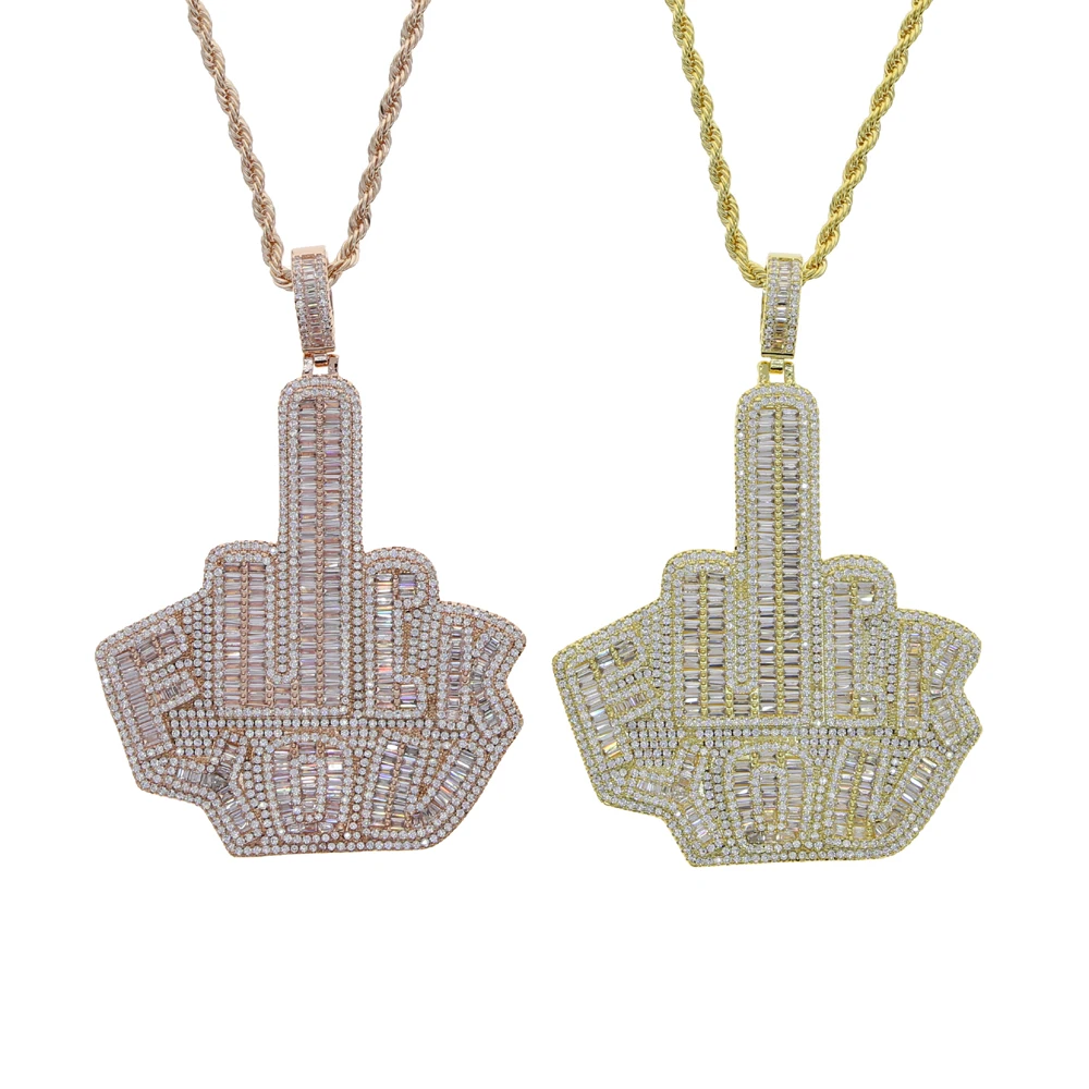 

Summer New Iced Out Bling 5A Cubic Zirconia Baguette CZ Rudely Pendant Necklace With Long Rope Chain For Men Punk HipHop Jewelry