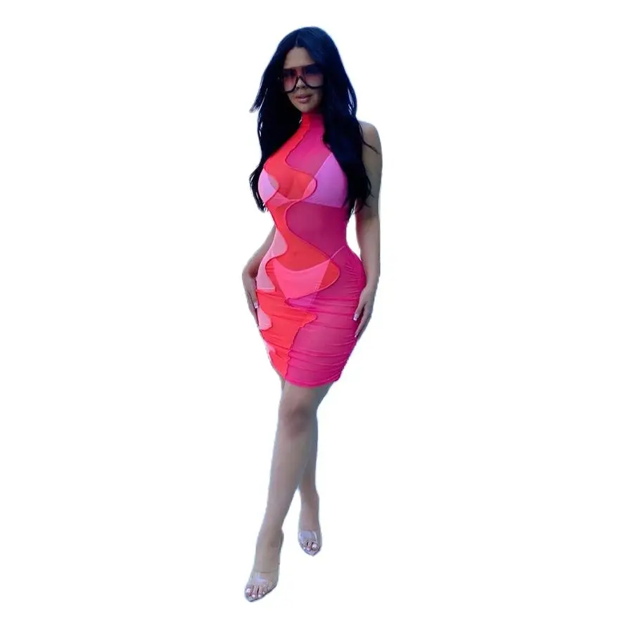 

2021 Summer Mesh Print Knee Length Bodycon Dress Party Clubwear Tight See Through Women Dresses