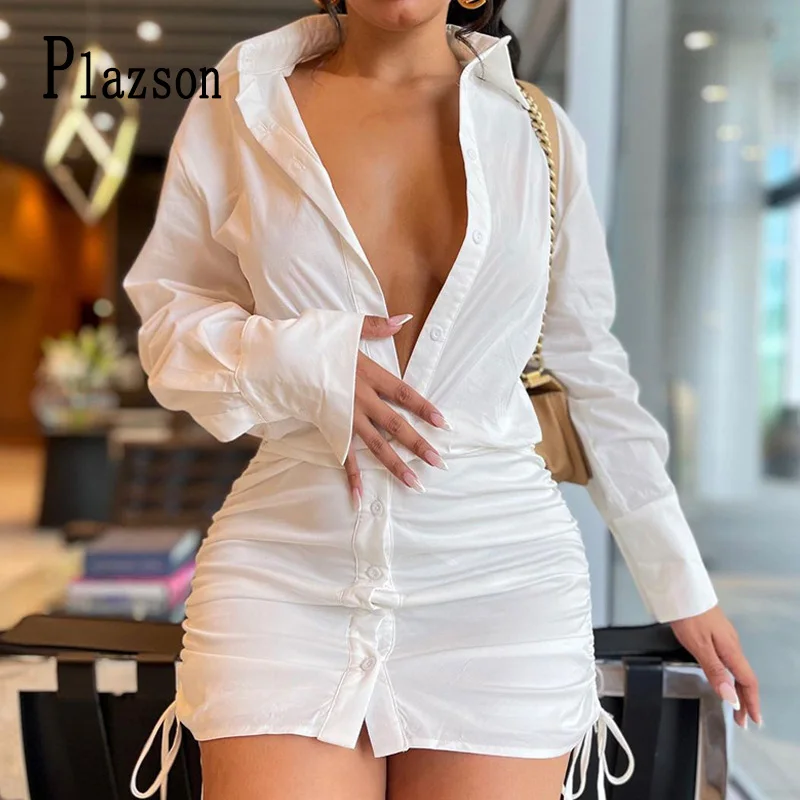 

Plazson Autumn White Single-breasted Shirt Mini Dresses For Women Long Sleeve Lap Side Drawstring Pleasted Slim Sexy Party Dress