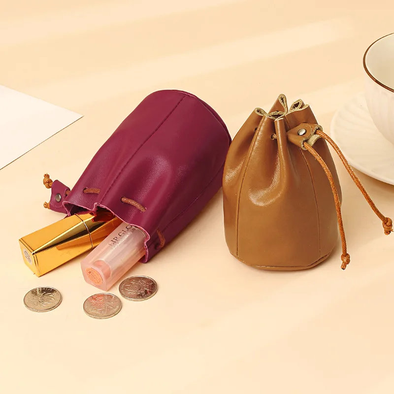 

Oil Wax Women Coin Purse Genuine Leather Casual Small Hard Leather Money Pocket Drawstring Storage Bag Retro Clutch