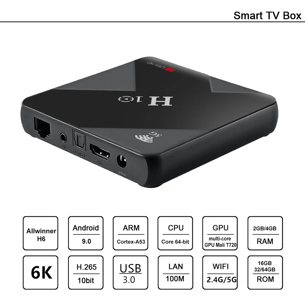 

ТВ-приставка H10 Max, 4 + 32 ГБ, Android 9,0, Wi-Fi 2,4 ГГц, 6K, HDR, 4K