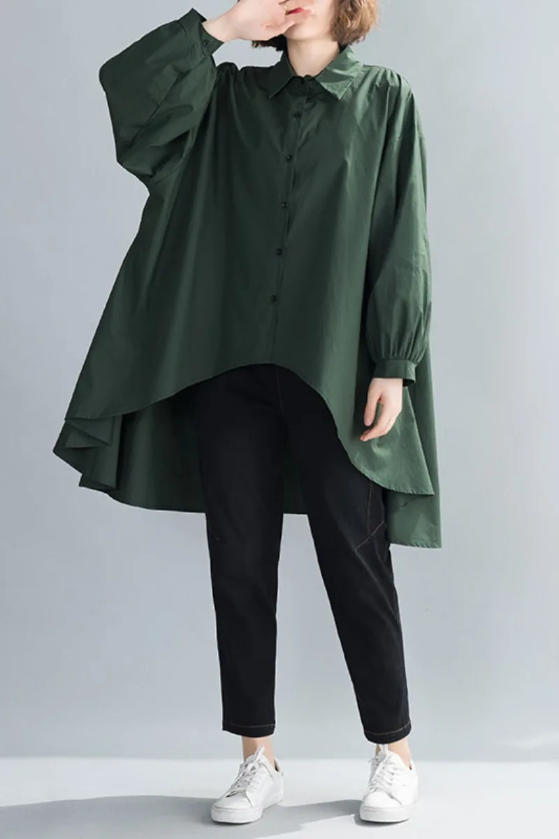 

LZMONE Large Women's Spring Loose Shirt Bat Sleeve Solid Color Dovetail Asymmetric Hem Niche Shirt