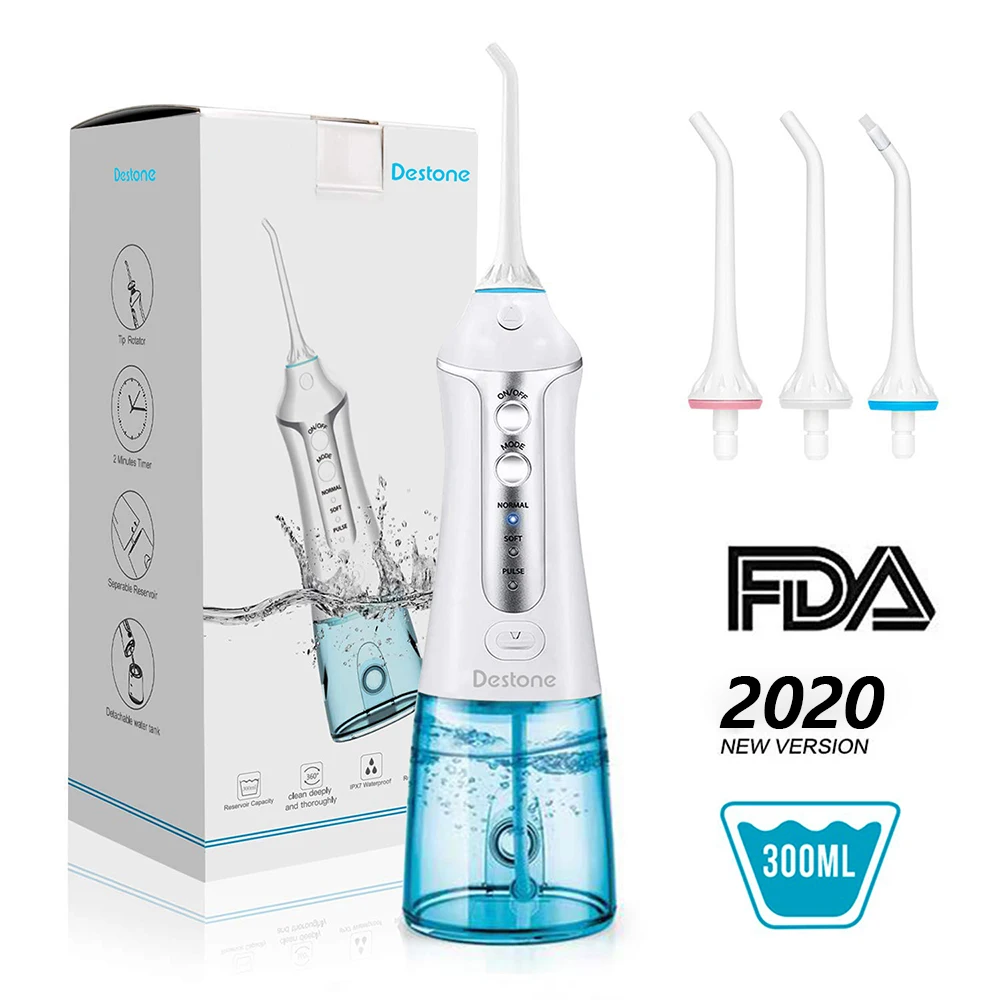 Oral Irrigator Destone T20 Portable Cordless Water Flosser FDA Accepted 300mL IPX7 3-Mode with 3 Jet Tips Irrigator for Travel