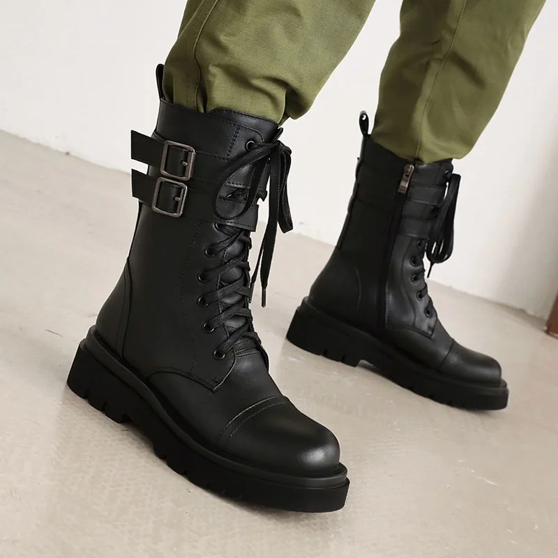 

Mid Calf Motorcycle Boots for Women 2020 Winter New Round Toe Low Flat with Heels Solid Casual Brow Black Shoes Plus Size 41 42
