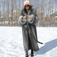 2021 autumn winter new womens overcoat fashion solid color fur collar thicken warm lacing long sleeve loose casual overcoat