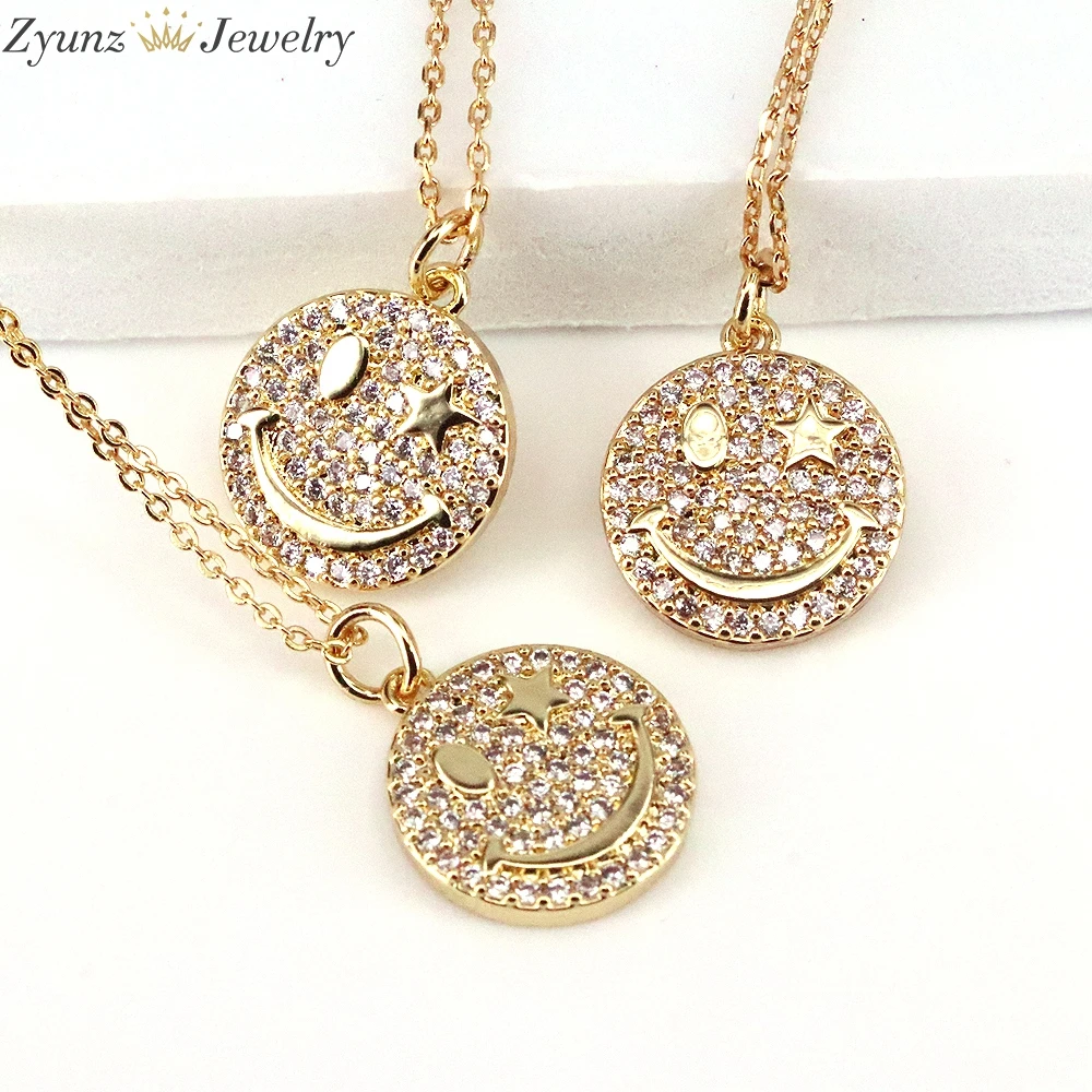 

5PCS, Crystal Smile Necklace For Women Korean Fashion Gold Color Neck Jewelry CZ Pave Round Face Pendant Collier Femme NEW Hot