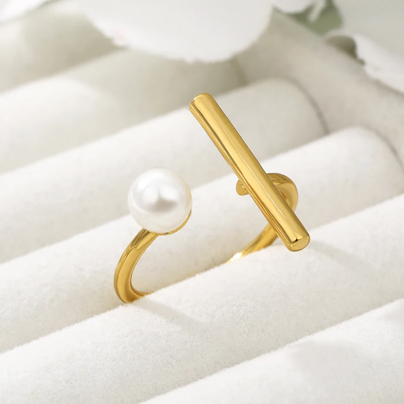 

Vintage Adjust Bar Open Luxury Pearl Rings for Elegant Women Girl Creative Geometric Party Accessories Fine Jewelry Gift Anillos