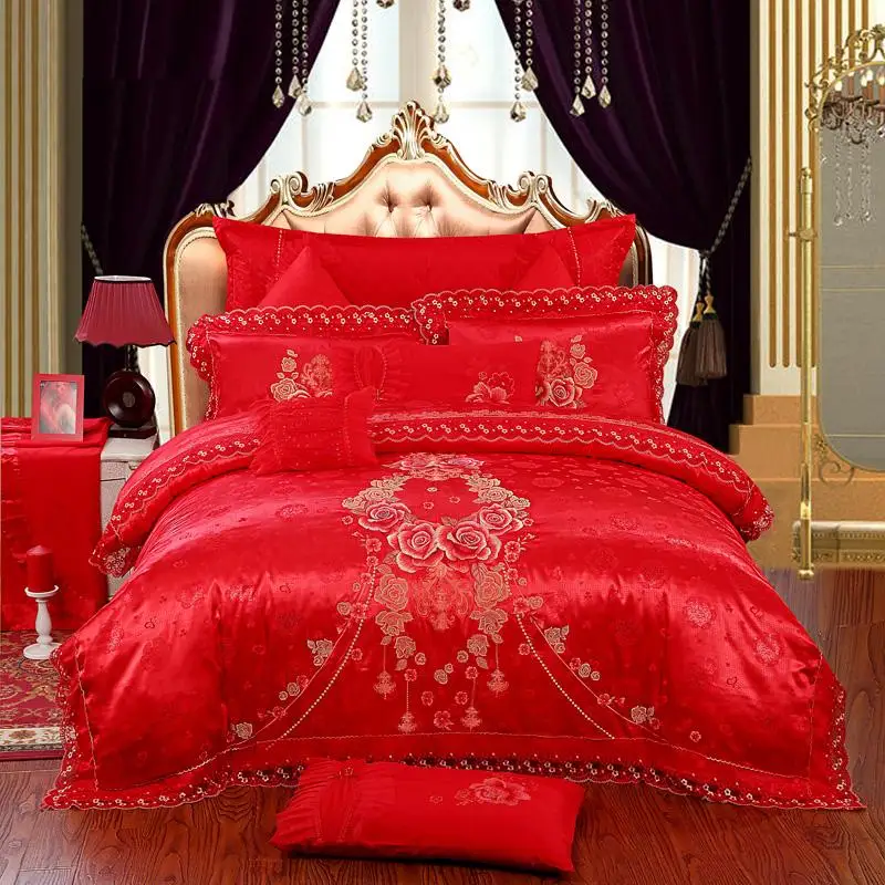 

4/6/8/10 Pcs Luxury wedding Jacquard Bedding Sets King/Queen Size Silk Cotton Bed set Bed Spread Duvet Cover set Lace Pillowcase