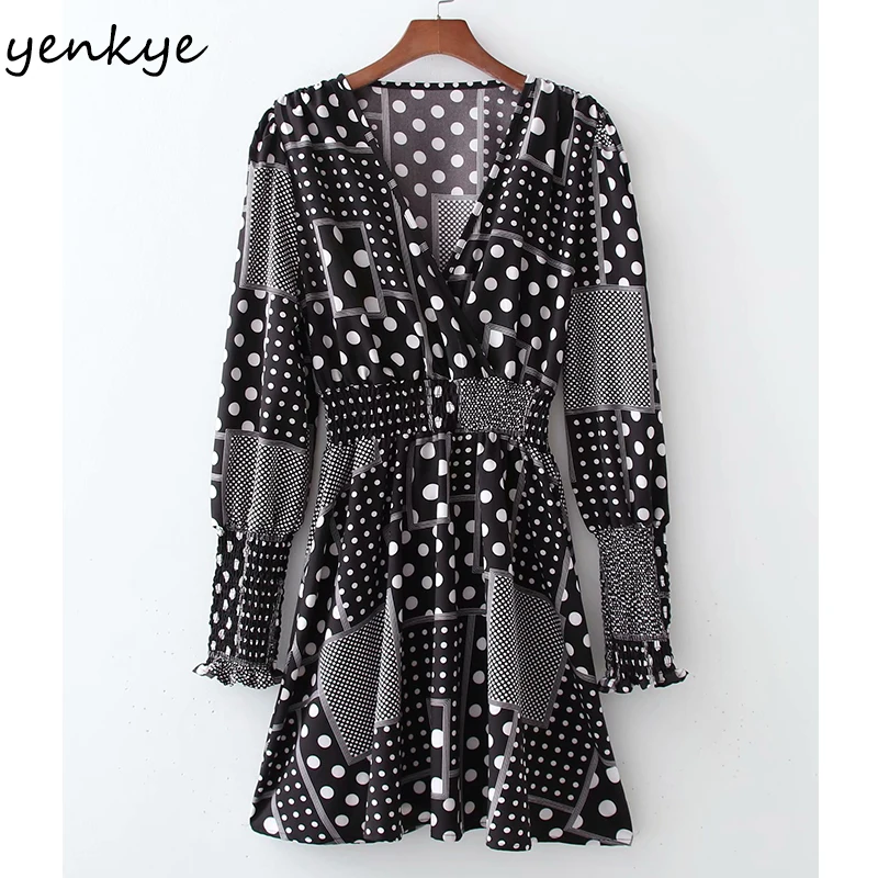 

YENKYE Vintage Geometric Patchwork Polka Dot Dress Women Long Sleeve V Neck Elastic Waist A-line Dress Summer Short Vestido