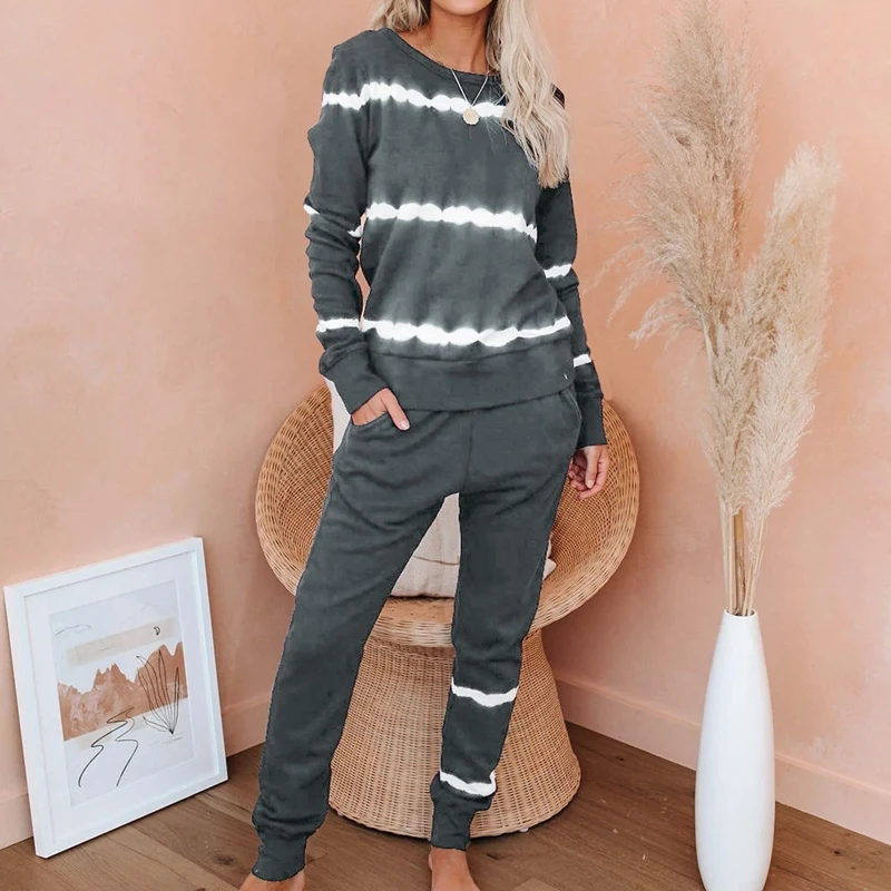 

Spring Tie-Dye Stripe 2 Piece Women Sets O-Neck Corp Top and Long Pant Suit Casual Outfit 2 Piece Set