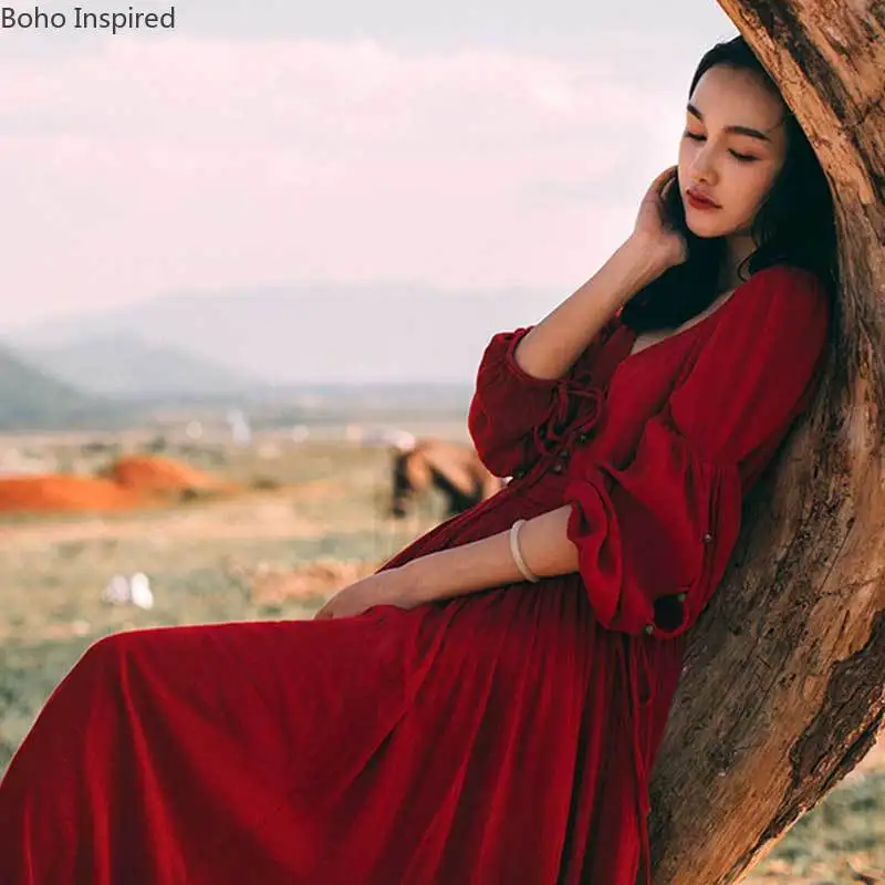 Женское винтажное платье бохо длинное хлопковое с треугольным вырезом и