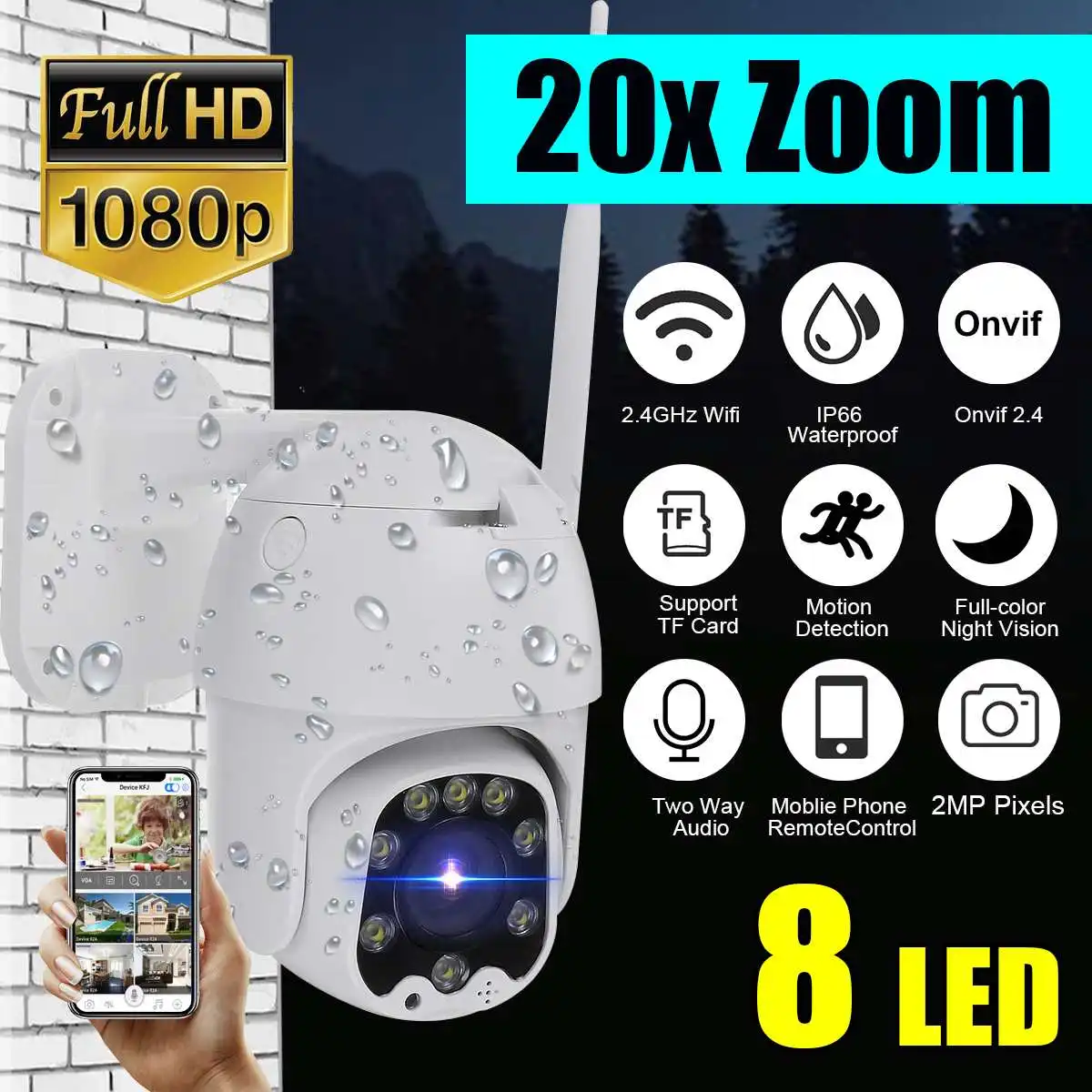 20X зум водонепроницаемый WiFi панорамирование/наклон 1080P HD IP ИК камера полноцветное ночное видение, PTZ камера наблюдения беспроводная камера