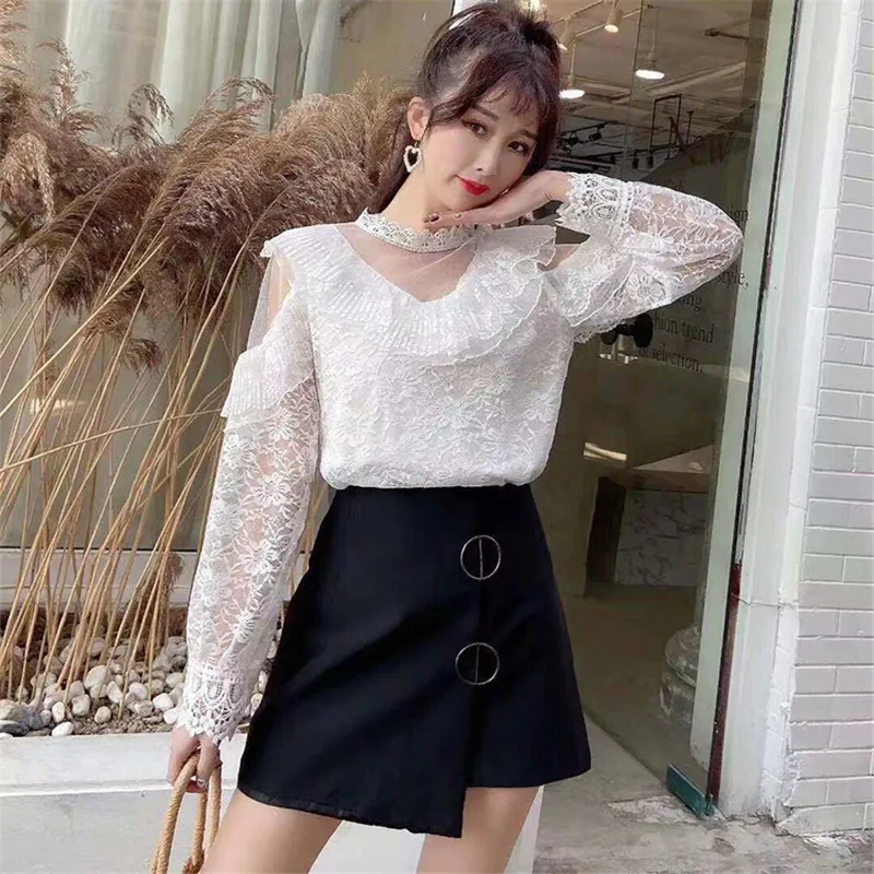 

New Spring Autumn Women Hollow Out Mesh Blouse Tops Long Sleeve Floral Lace Shirts Female Bottoming Ruffles Blouses Blusas A1822