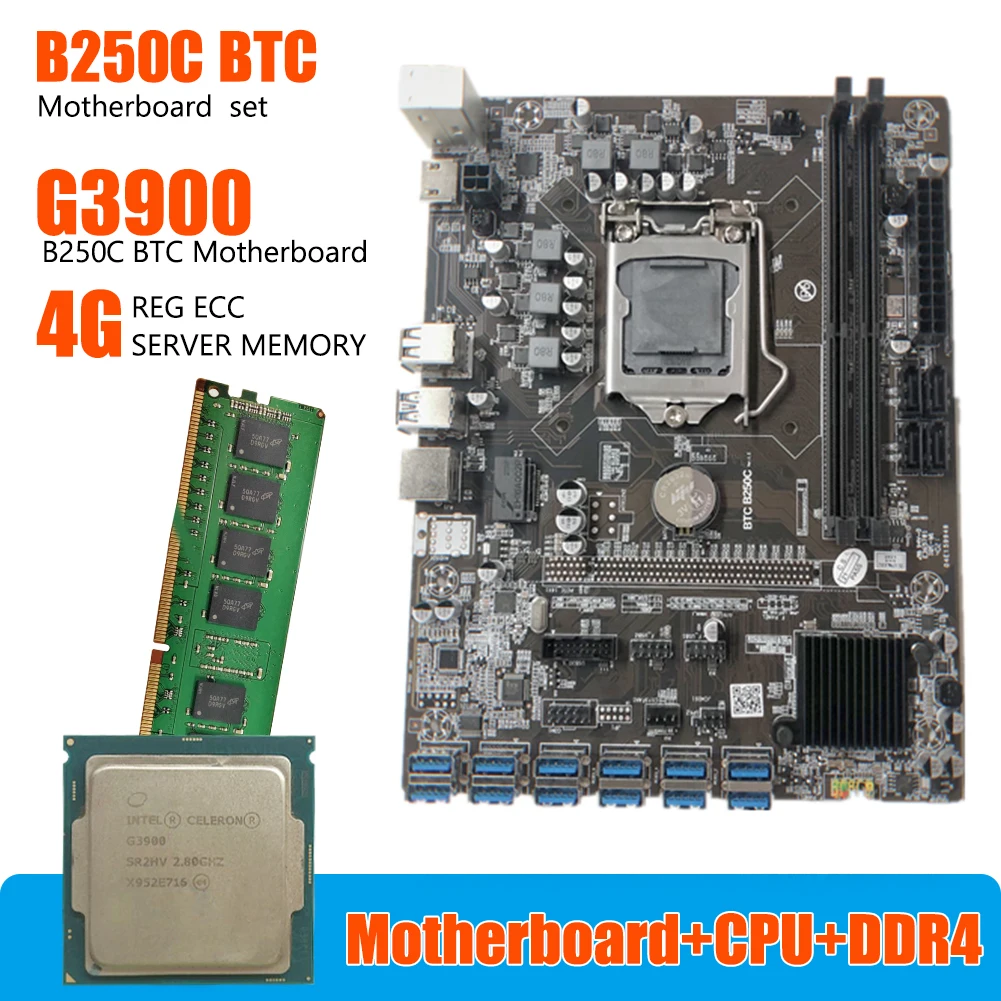 

B250 BTC Mining Motherboard 12x USB3.0 to PCI-E 16X HDMI-compatible Miner Board G3900 CPU Processor DDR4 4G Memory Kit