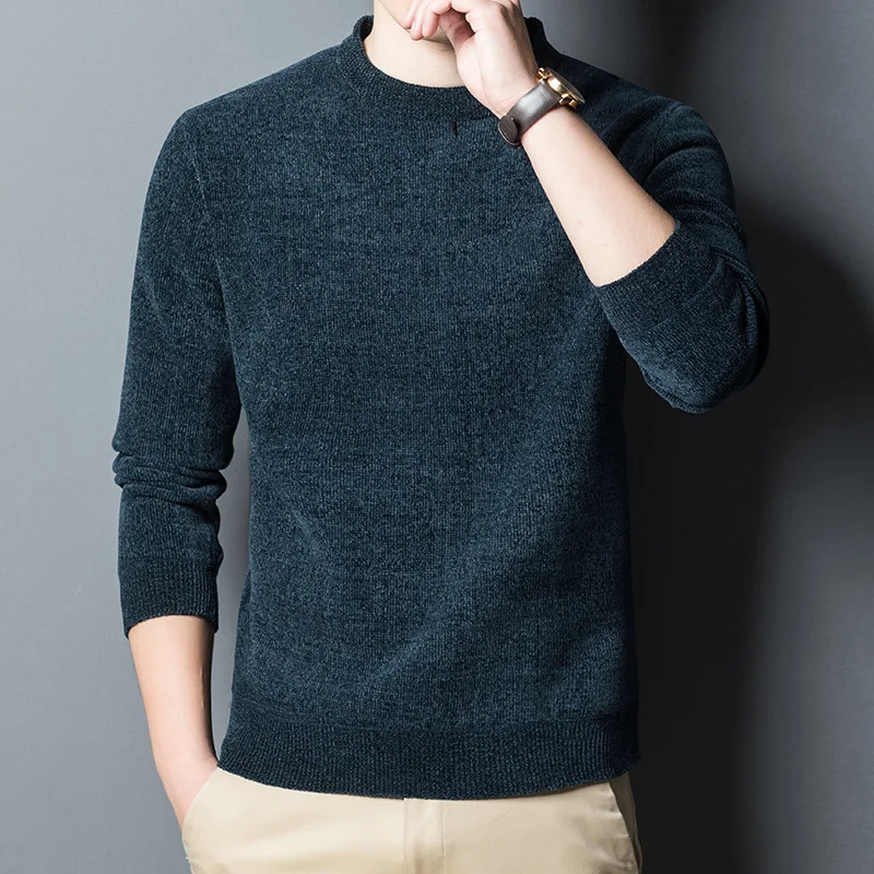 2021Autumn Winter Boutique Pullover Sweater Men Loose Bottoming Sweater Round neck Plus Velvet Thick Chenille Warm Large Sweater