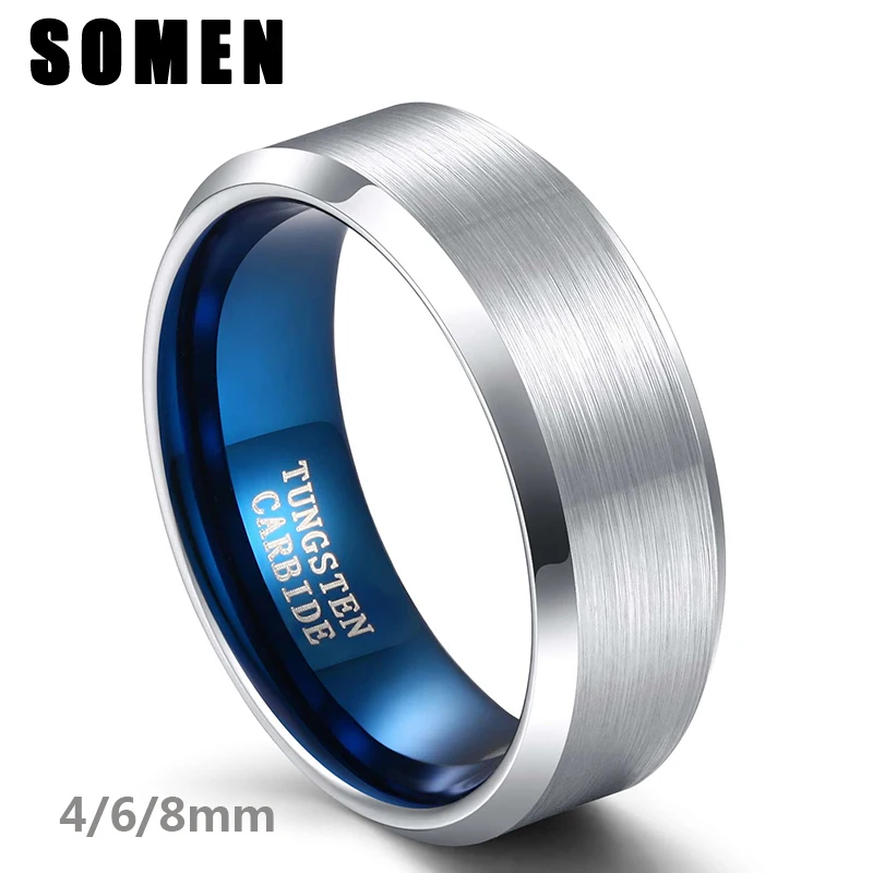 

Somen Tungsten Ring 8/6/4mm For Man Woman Classic Wedding Band Silver Color Surface Blue Inside Simple Design Ring Unisex Size14