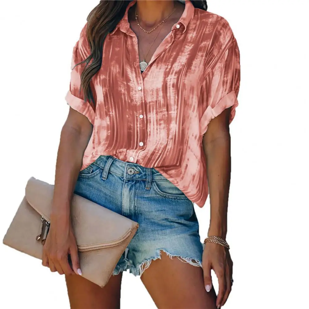 

Women Shirt Casual Loose Tie Dye Buttons Summer Short Sleeve Lapel Blouse Office Elegant Office Lady V-Neck Shirt