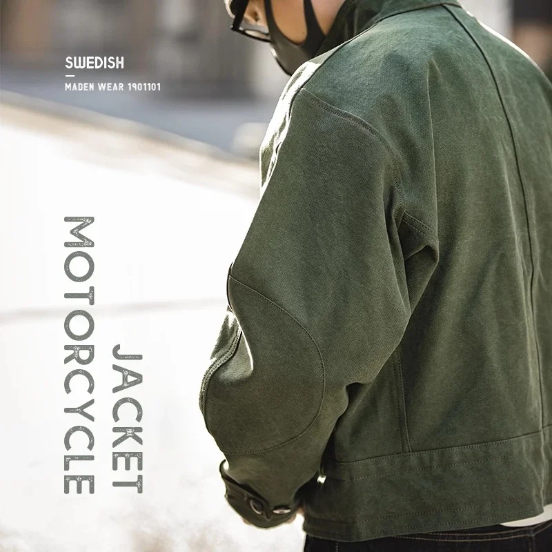 

Green Retro Army Jacket Misplaced Oblique Buckle Swedish Motorcycle Men's Jacket AMEKAJI Cotton Washed XXXL Jacket