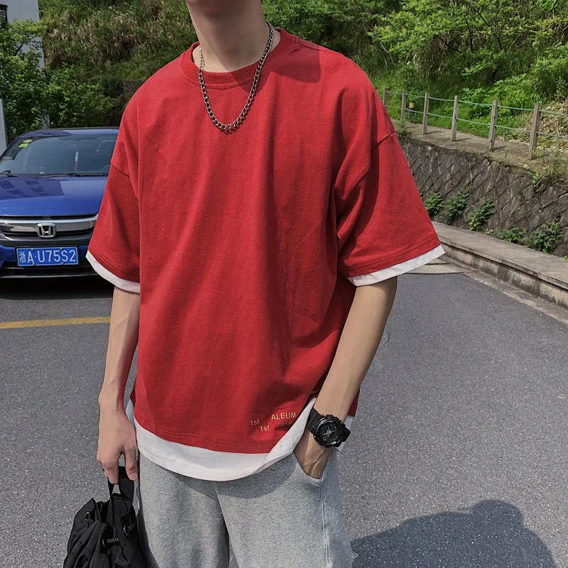 

Hong Kong Style Summer Teen Trend Fake Two-Piece Loose Short Sleeve Men Harajuku Style Versatile Half Sleeve T-shirt
