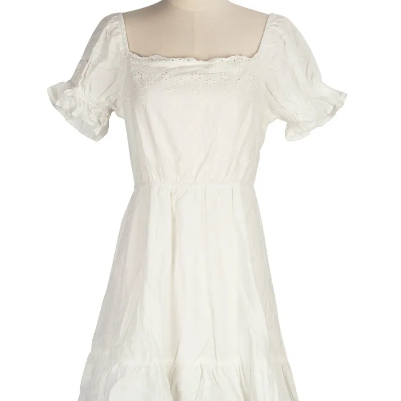 

Summer new word collar elastic waist was thin cotton short sleeve big swing stitching lace dress party dress Above Knee, Mini