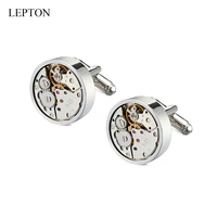lepton watch movement cufflinks silver color round steampunk gear watch mechanism cuff links for mens relojes gemelos