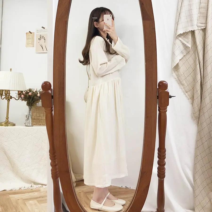 Платье женское хлопково-льняное с длинным рукавом повседневный наряд в стиле