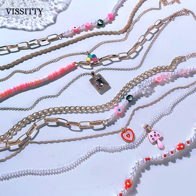Trendy cute animal flower pearl beaded necklace women y2k colorful multi-layer pearls choker chain necklaces jewelry gifts 2022