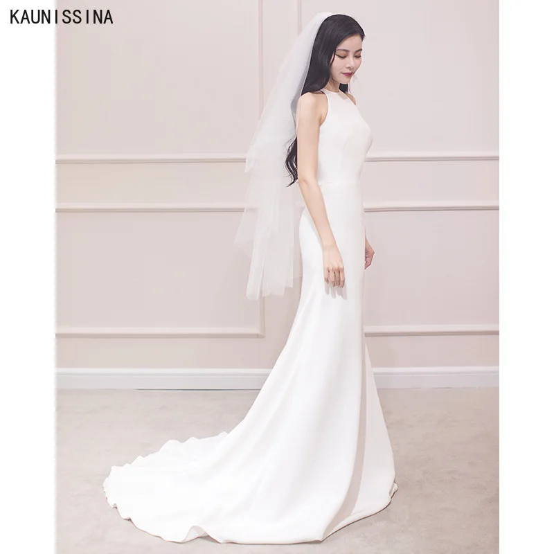 

KAUNISSINA Satin Mermaid Wedding Dresses Women Sleeveless Halter Neck White Wedding Gowns Sweep Train Simple Long Marriage Dress