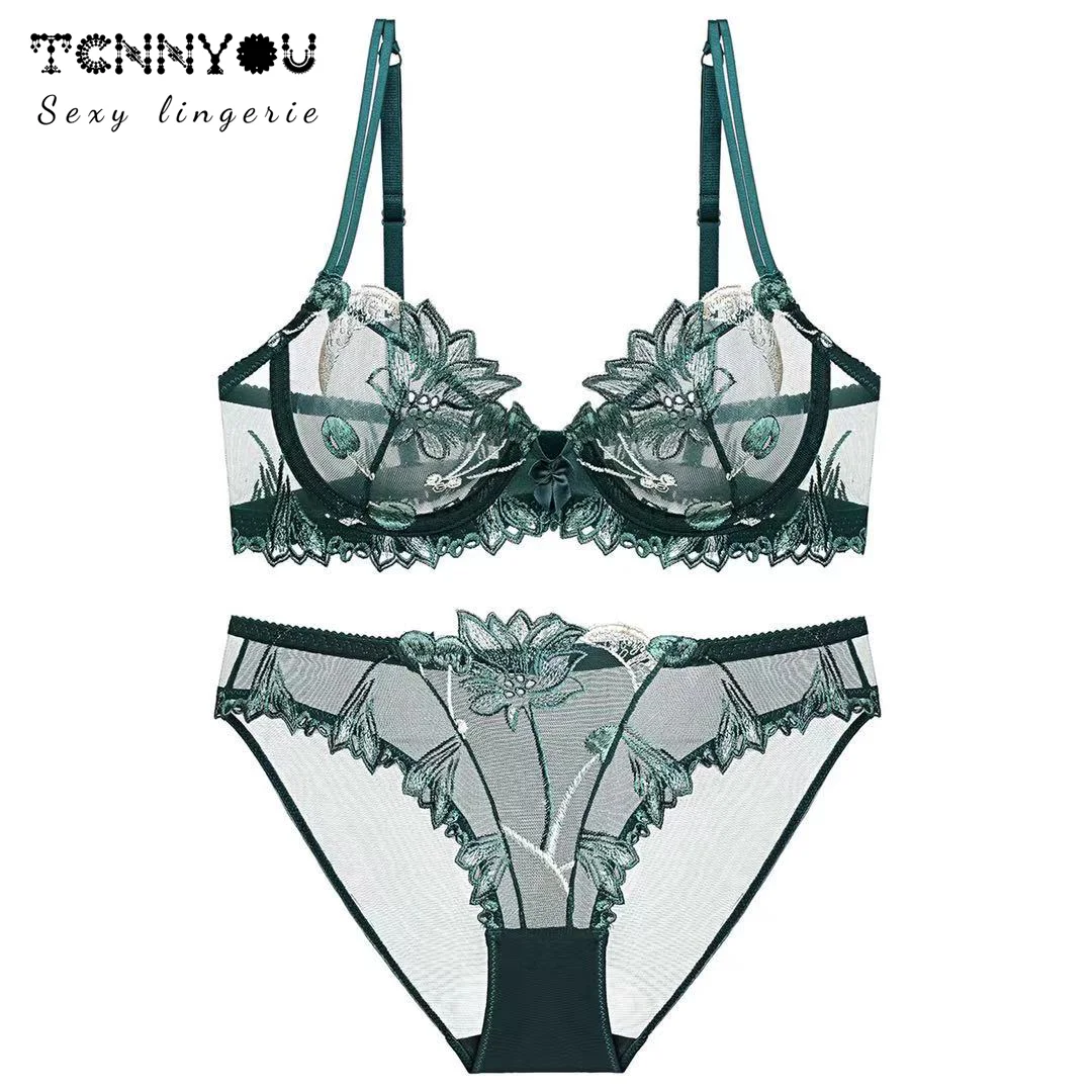 

Sexy Cherry Embroidery Ultra-Thin Lace Bra Panties Women's Set Transparent Plus Size Steel Ring Push-Up Underwear