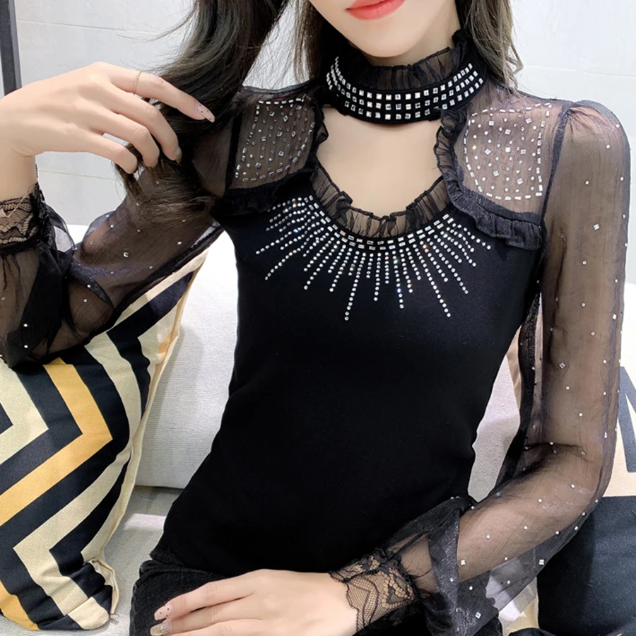 2021 Сезон весна Новинка Модные тонкие футболка со стразами женские бриллиантами в