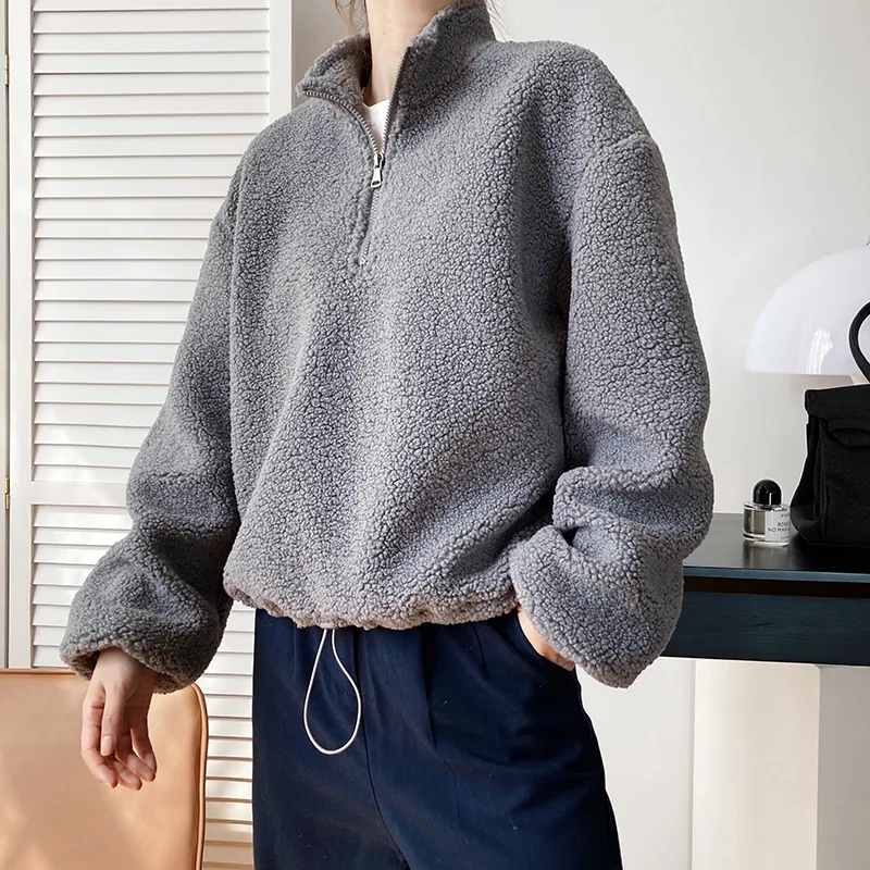 

Women Autumn Winter Faux Lambs Wool Pullover Sweatshirt Cropped Tops Korean Loose Style Thick Fluff Sweat Hoodie Coat