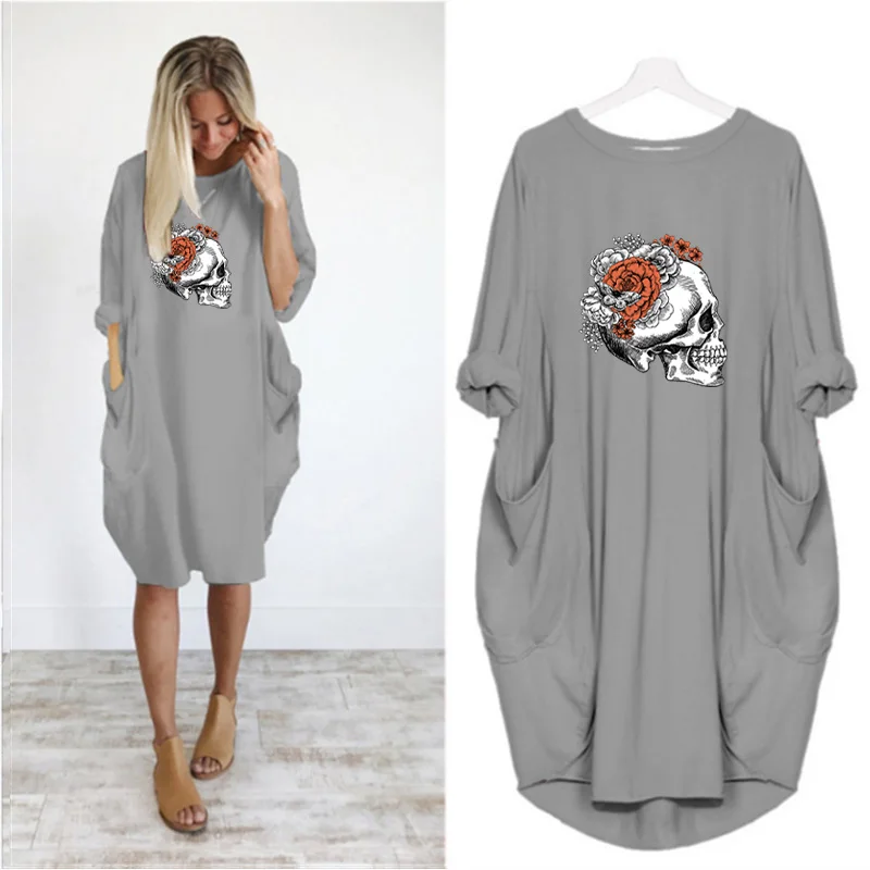 

Plus Size 5Xl Women Midi Dresses Flowers&skull Print Long Sleeve o Neck Loose Vintage Party Club Vestidos Streetwear Robes Femme