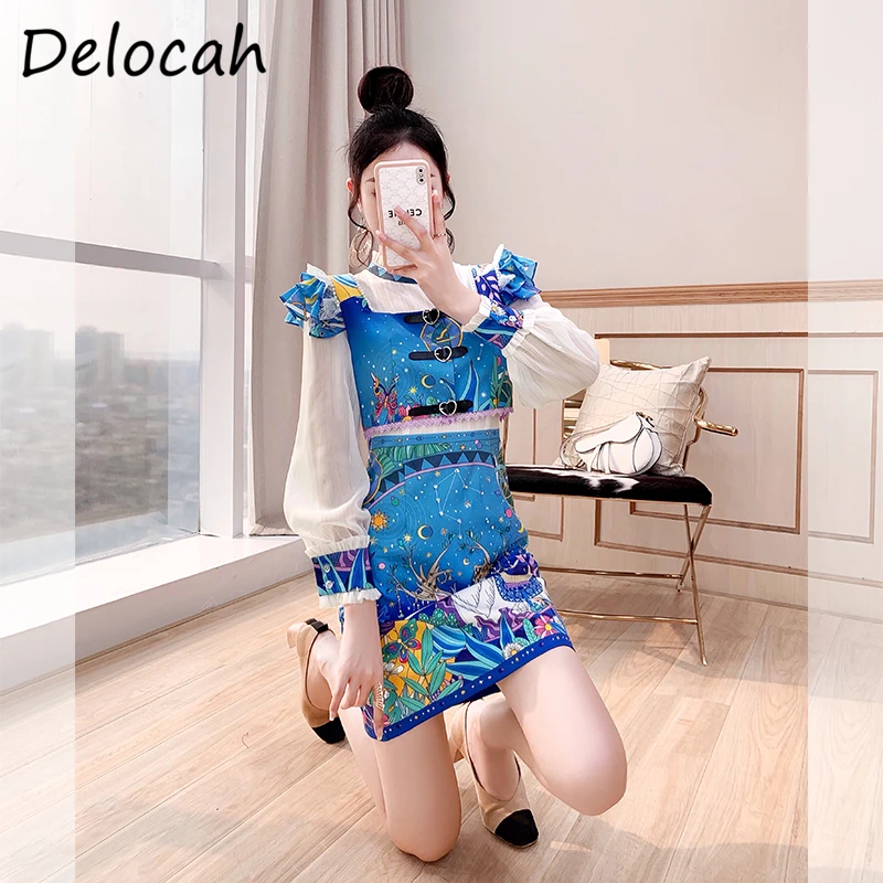 

Женское платье-карандаш с принтом Delocah, комплект из 2 предметов, короткий топ с оборками и длинными рукавами, лето 2021