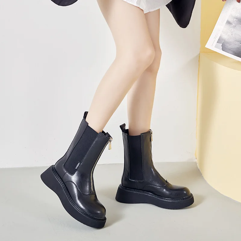 

2021 Genuine Leather Women Motorcycle Boots Punk Soft Zipper Ankle Boots Female Shoes Booties Slip On Autumn Winter Warm