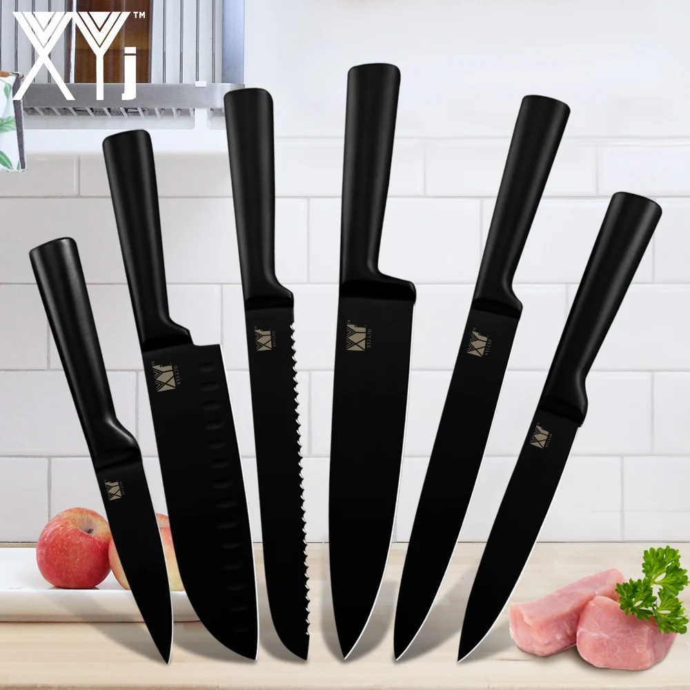 

XYj Knife Kitchen 6pcs Set Stainless Steel All Black Sharp Blade Chef Slicing Bread Santoku Paring Utility Cooking Knives Tool