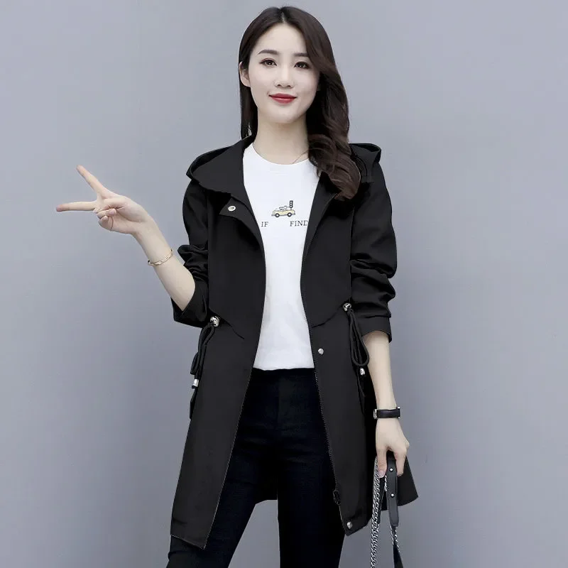 

Lining Windbreaker Women's 2022 Spring Autumn New Jackets White Loose Hooded Trench Coat Female Mid-Length Black Jacket L285