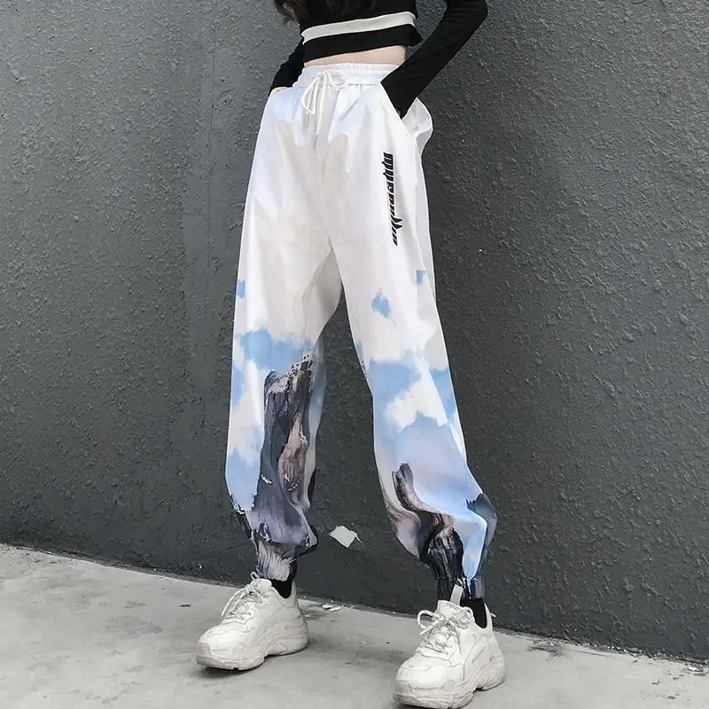 

Legged Overalls Women's Loose White Casual High Waist Print Harlem Pants With Pockets