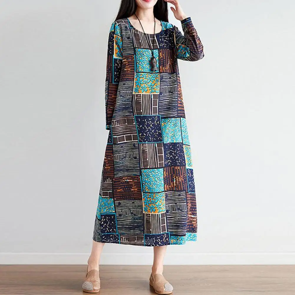 Винтажные Стиль платье для женщин осень размера плюс с принтом в клетку длинными