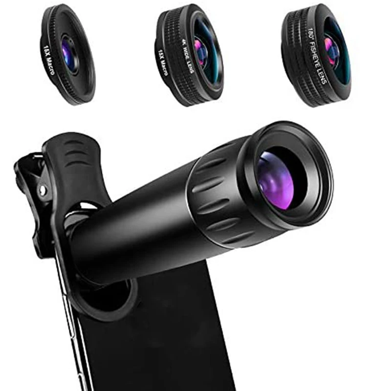 

Phone Camera Lens 22X Telescope Zoom Lens, 4K HD 0.67X Super Wide Angle Lens, Metal Tripod and Phone Fish Eye Len