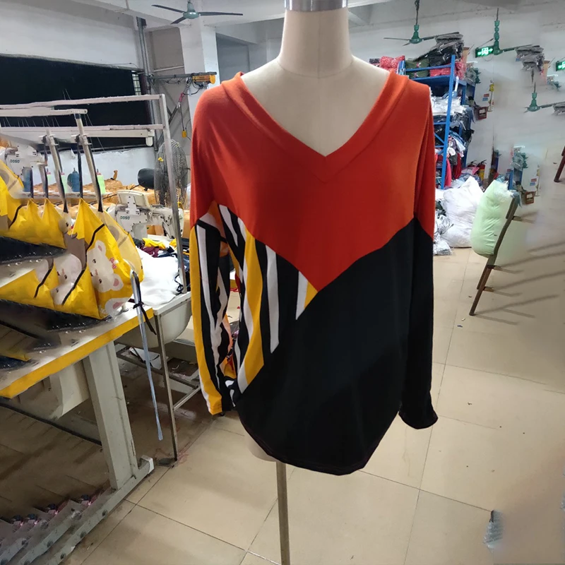 

women's plus size blouse for spring and fall 2021 with striped patchwork V-neck long-sleeved large size clothes