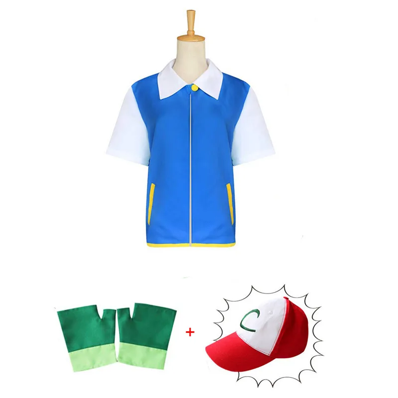 3Pcs Sets POKEMON Ash Ketchum голубой костюм для косплея куртка+ перчатки+ шляпа+ шары Карманный Монстр пепел Кетчум костюмы аниме косплей реквизит - Цвет: 3Pcs Sets